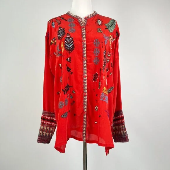 NWOT Johnny Was Biya Reverie Silk Floral Embroidered Red Shirt Blouse Size M - Picture 2 of 13